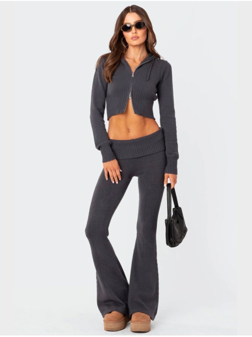 NWOT - Edikted Desiree Hooded Cardigan and Low-Rise Fold Over Pant Set - Blue XS
